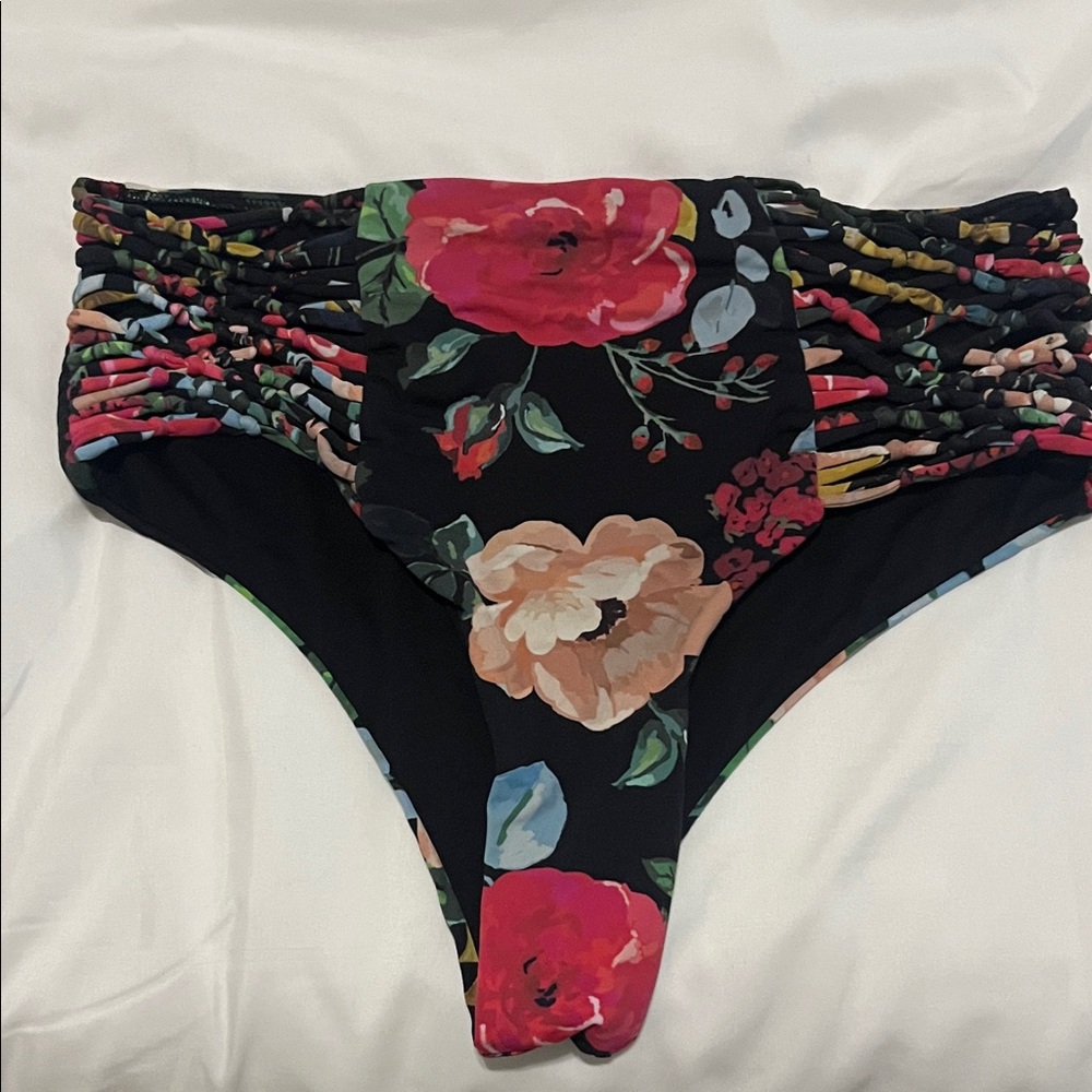 High-Waist Floral Bikini Bottoms - Black with Pink & Cream Blooms